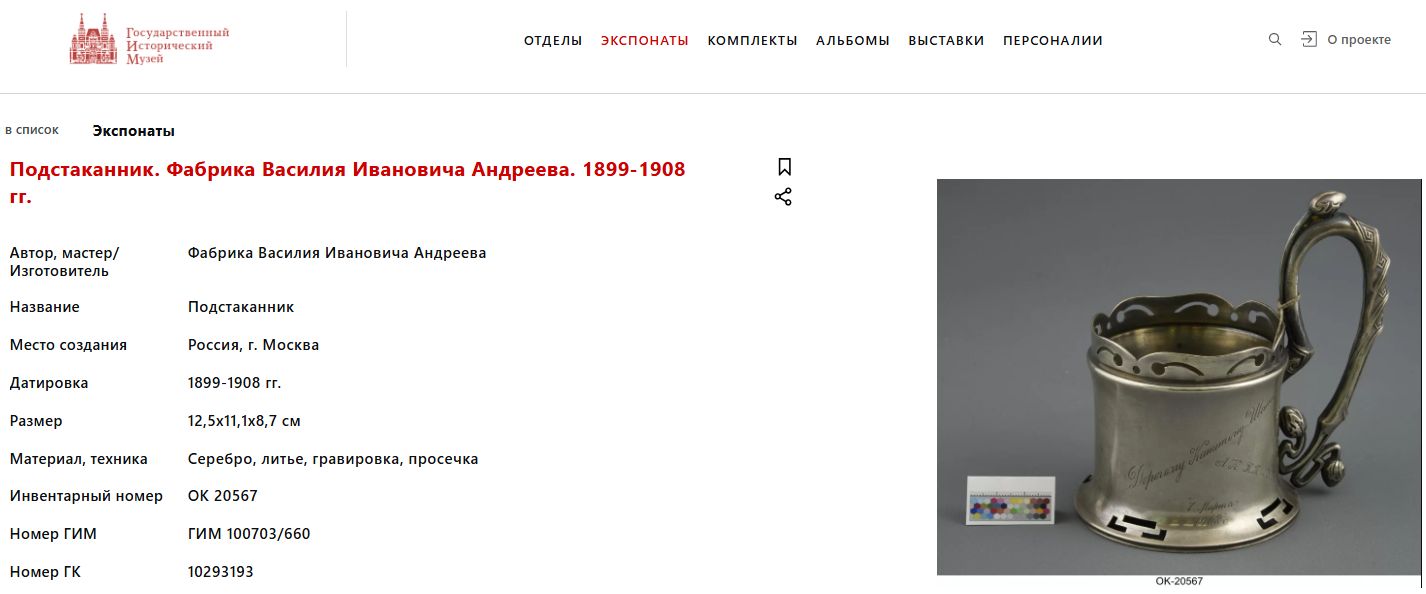 Подстаканник с изображением ягод и листьев, с дарственной надписью. 
Россия, Санкт-Петербург, Фабрика Василия Ивановича Андреева, 1908.