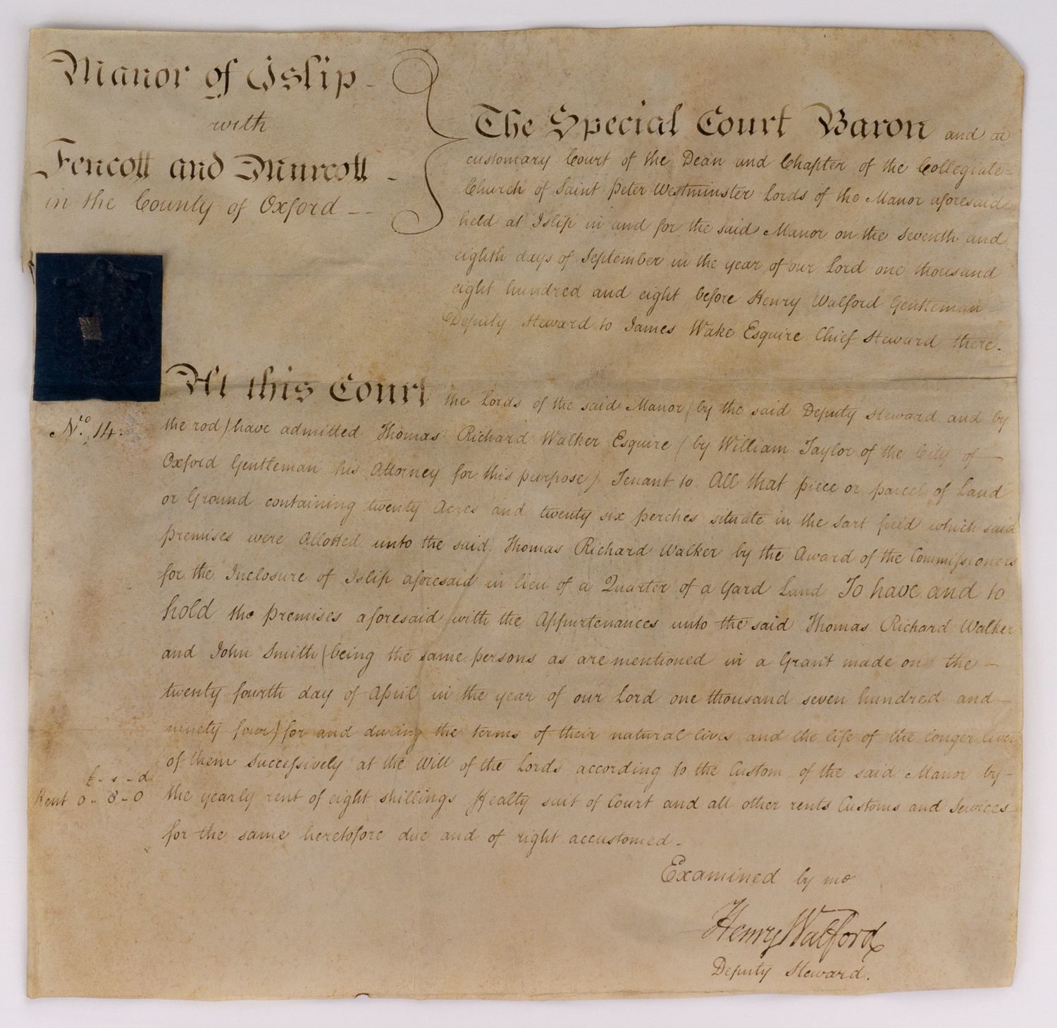 Судебный документ об аренде участка в Айслипе (графство Оксфордшир) Томасом Ричардом Уолкером. 1808.