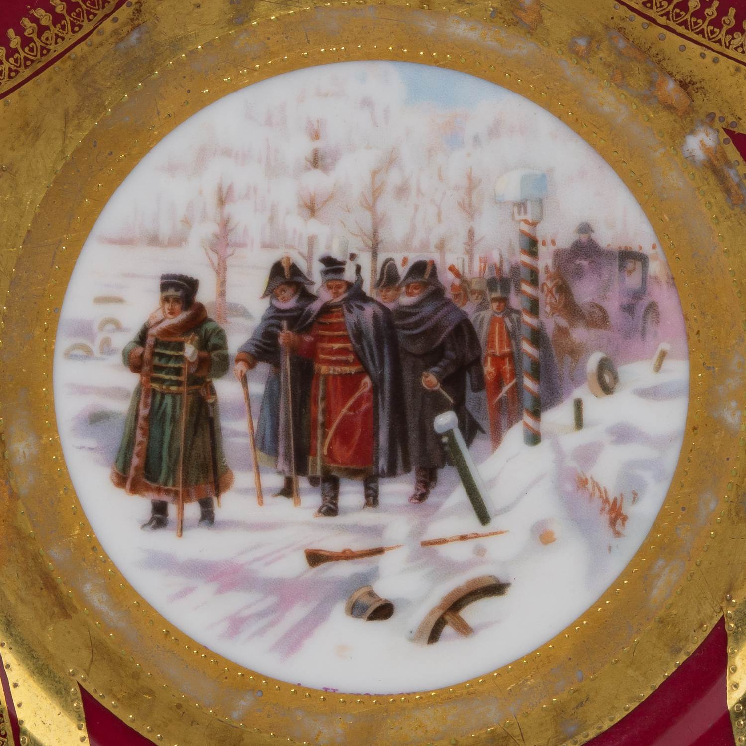 (Гарднер) Тарелка «Отступление Наполеона из Москвы». 
Россия, Москва, фабрика Ф.Я. Гарднера, 1912.