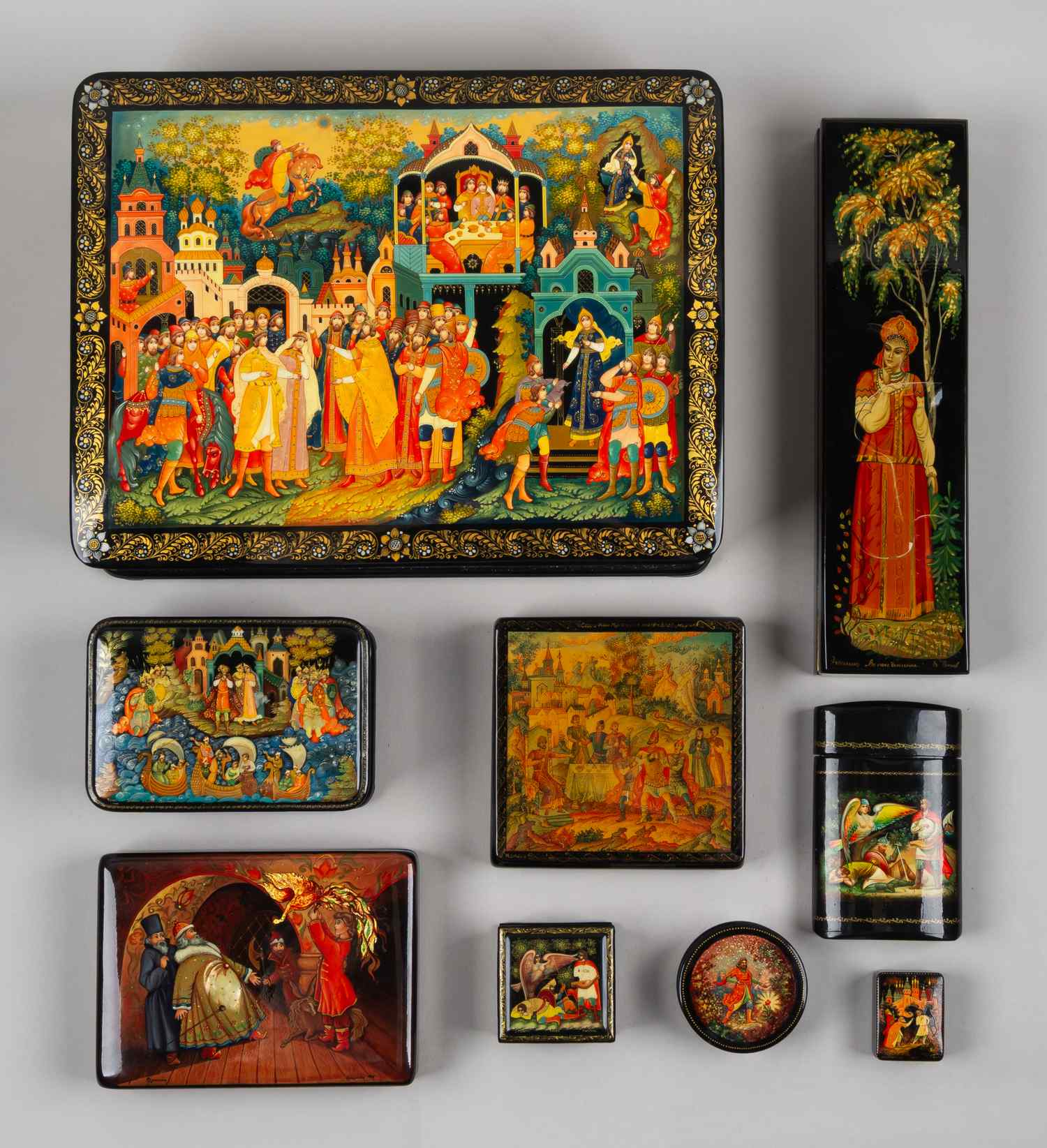 Собрание лаковой миниатюры. Восемь шкатулок и портсигар. СССР, Палех, Мстера, Холуй, Федоскино,1980-е-1990-е.