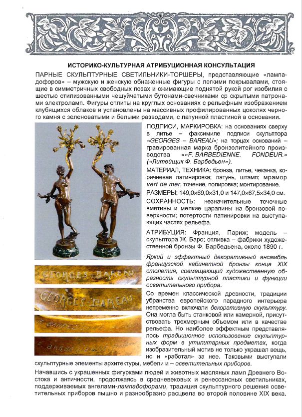(1.5 метра. Музейная ценность. С экспертизой) Парные скульптурные светильники-торшеры в виде женской и мужской фигур.
Франция, Париж, скульптор Жорж Баро, отливка фабрики Фердинанда Барбедьена, около 1890.