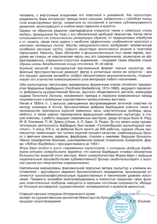 (1.5 метра. Музейная ценность. С экспертизой) Парные скульптурные светильники-торшеры в виде женской и мужской фигур.
Франция, Париж, скульптор Жорж Баро, отливка фабрики Фердинанда Барбедьена, около 1890.