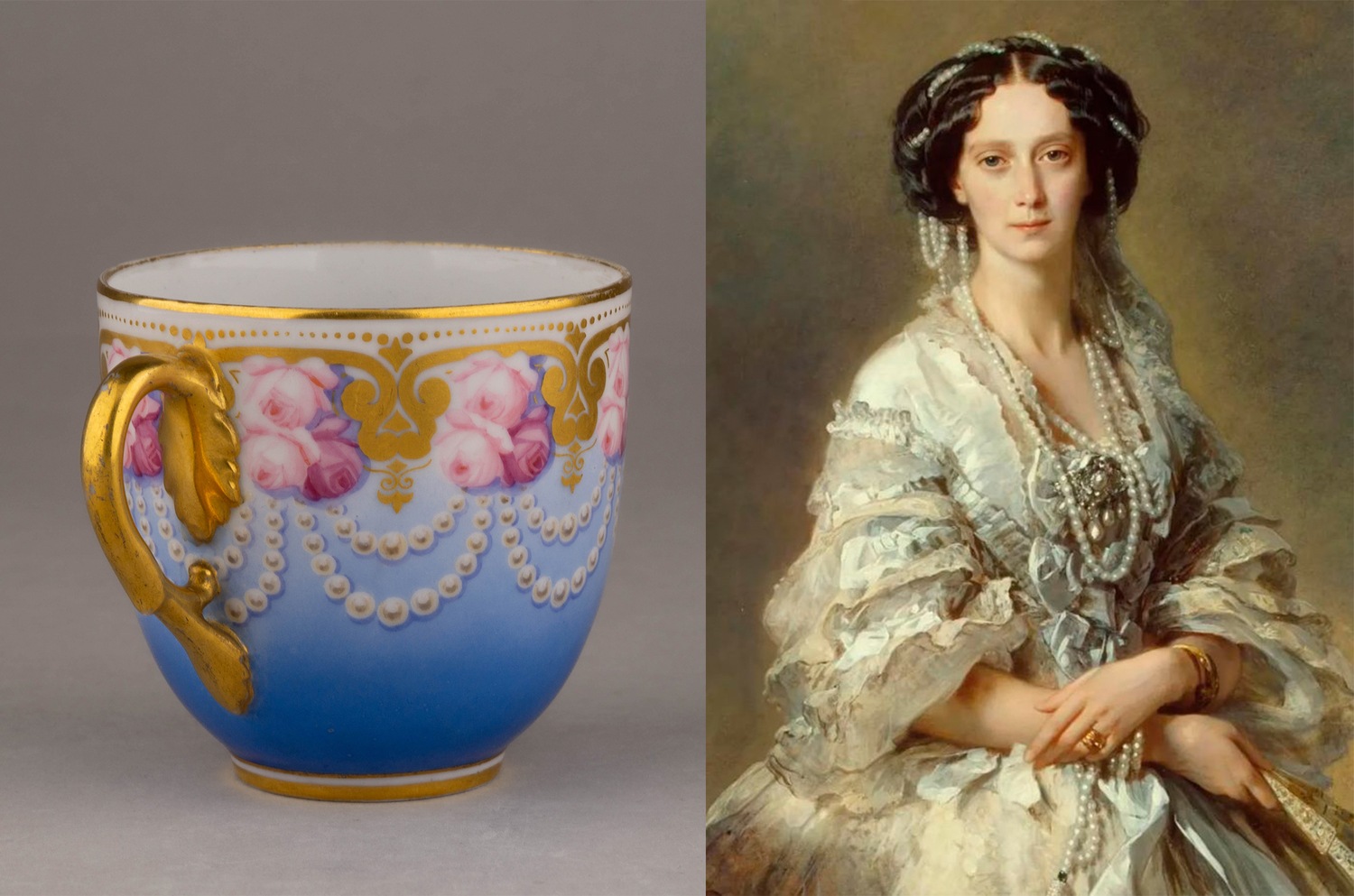 Чайная пара с изображением жемчужных гирлянд и роз. 
Россия, Императорский фарфоровый завод, 1855–1881 годы.