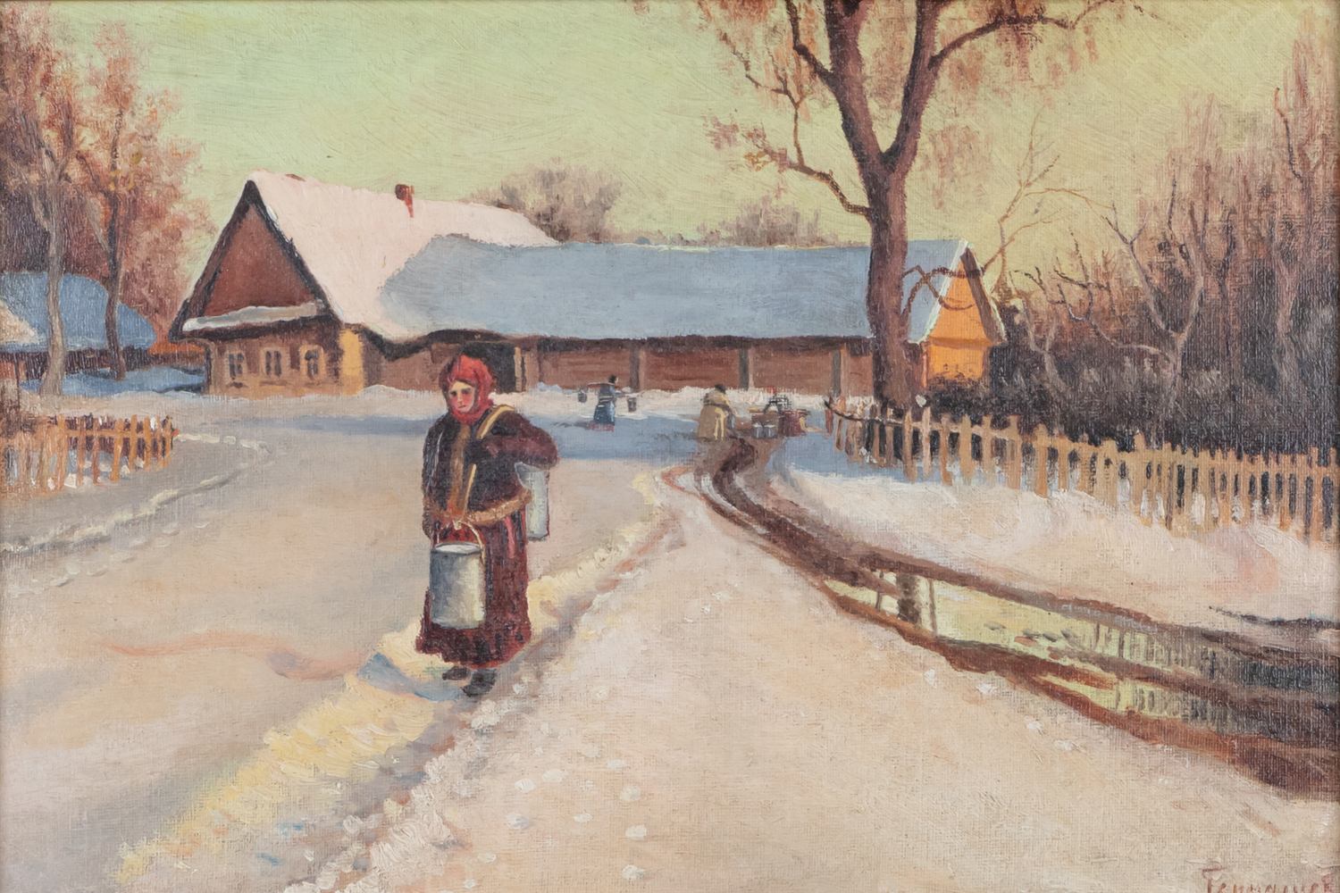 Гермашев Михаил по подписи. Зимний пейзаж с крестьянкой. Начало XX века.
