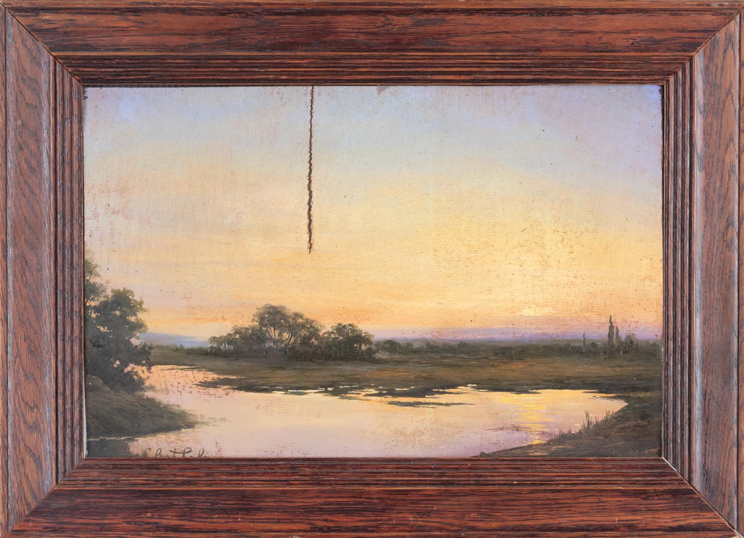 Ефим Волков по подписи. Закат над рекой. Конец XIX века.