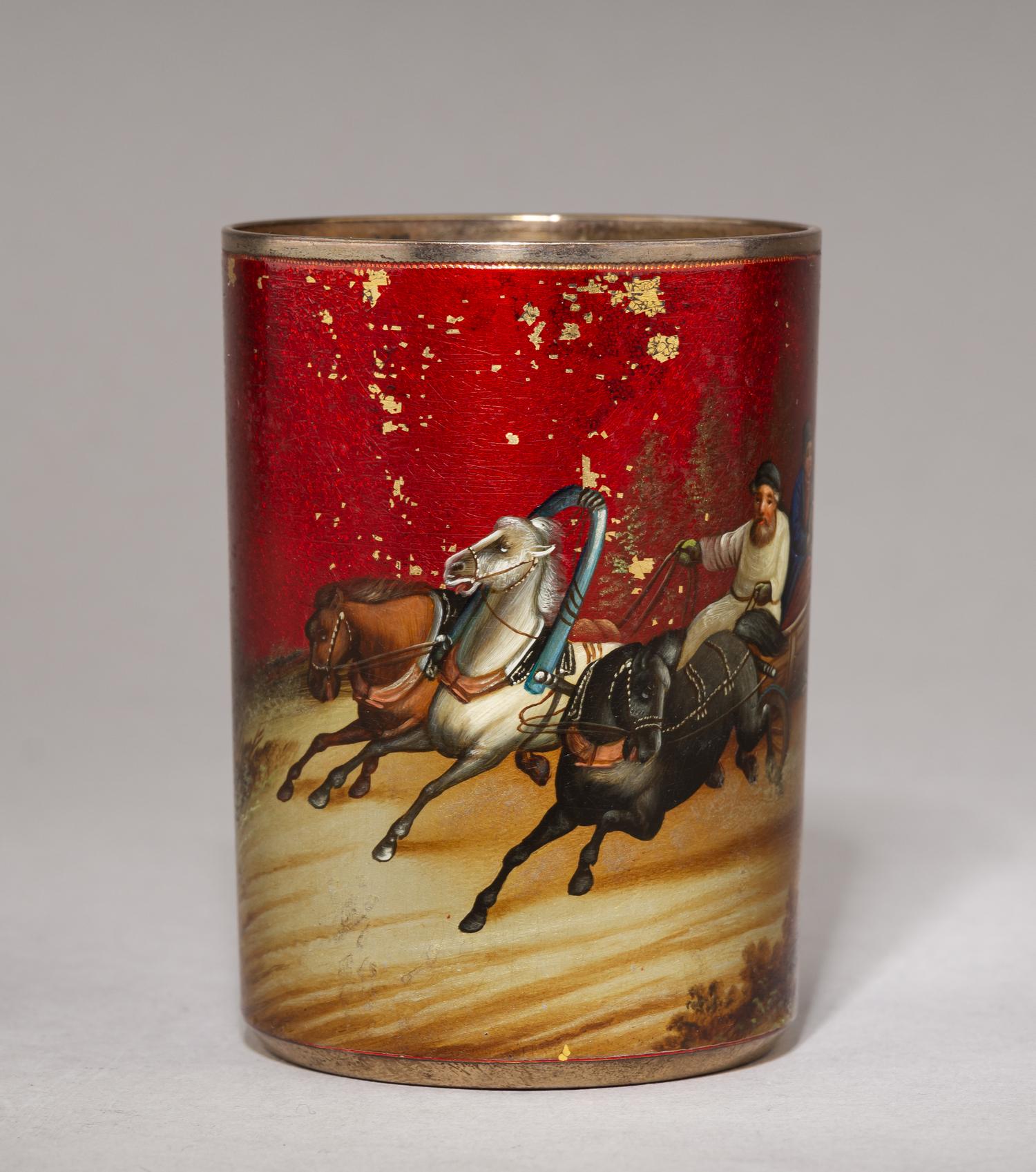 Стакан с изображением тройки и деревенского пейзажа. 
Россия, Санкт-Петербург, мастерские Владимирова Н.Г. и Павлова С.П., 1898–1917 годы.