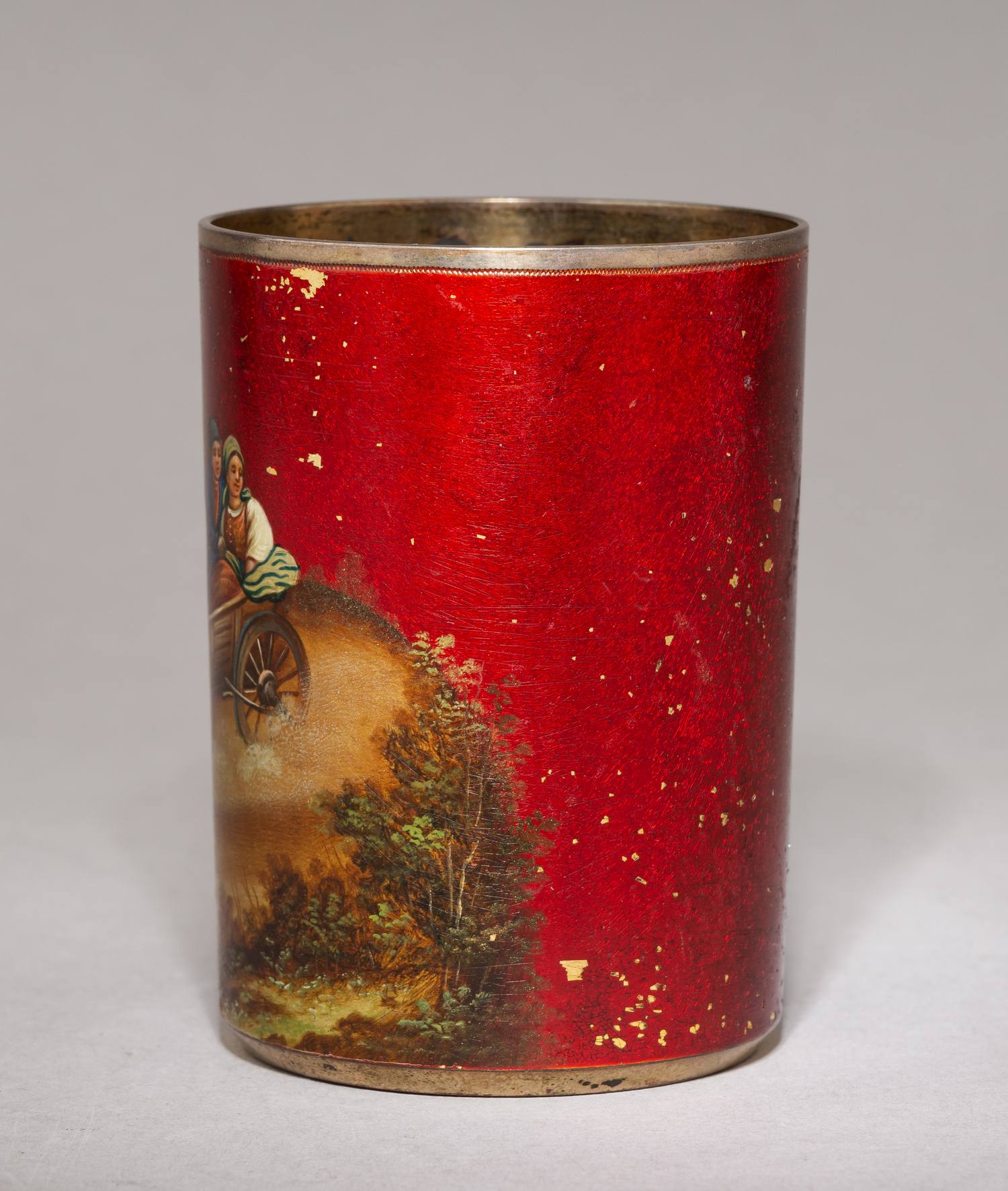 Стакан с изображением тройки и деревенского пейзажа. 
Россия, Санкт-Петербург, мастерские Владимирова Н.Г. и Павлова С.П., 1898–1917 годы.