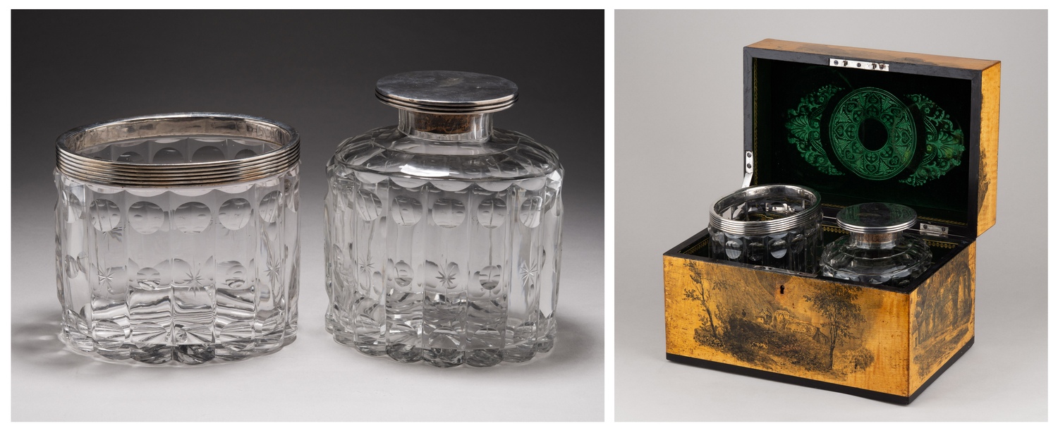 Чайница и ваза для сладостей в оригинальной шкатулке. Хрусталь – Никольско-Пестровский завод Бахметевых, середина XIX в. Серебро – Санкт-Петербург, серебряного дела мастер Экквист Карл Густав, 1840-1850 гг.