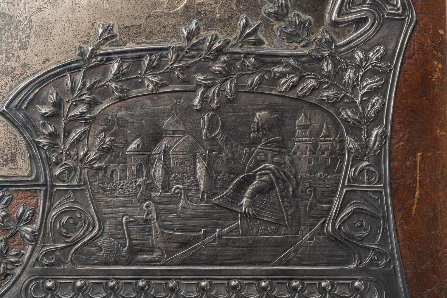 (Редкая 95 проба)  Бювар с серебряной накладкой «Садко».
Россия, Москва, мастер-монограммист «ФКТ», 1911.