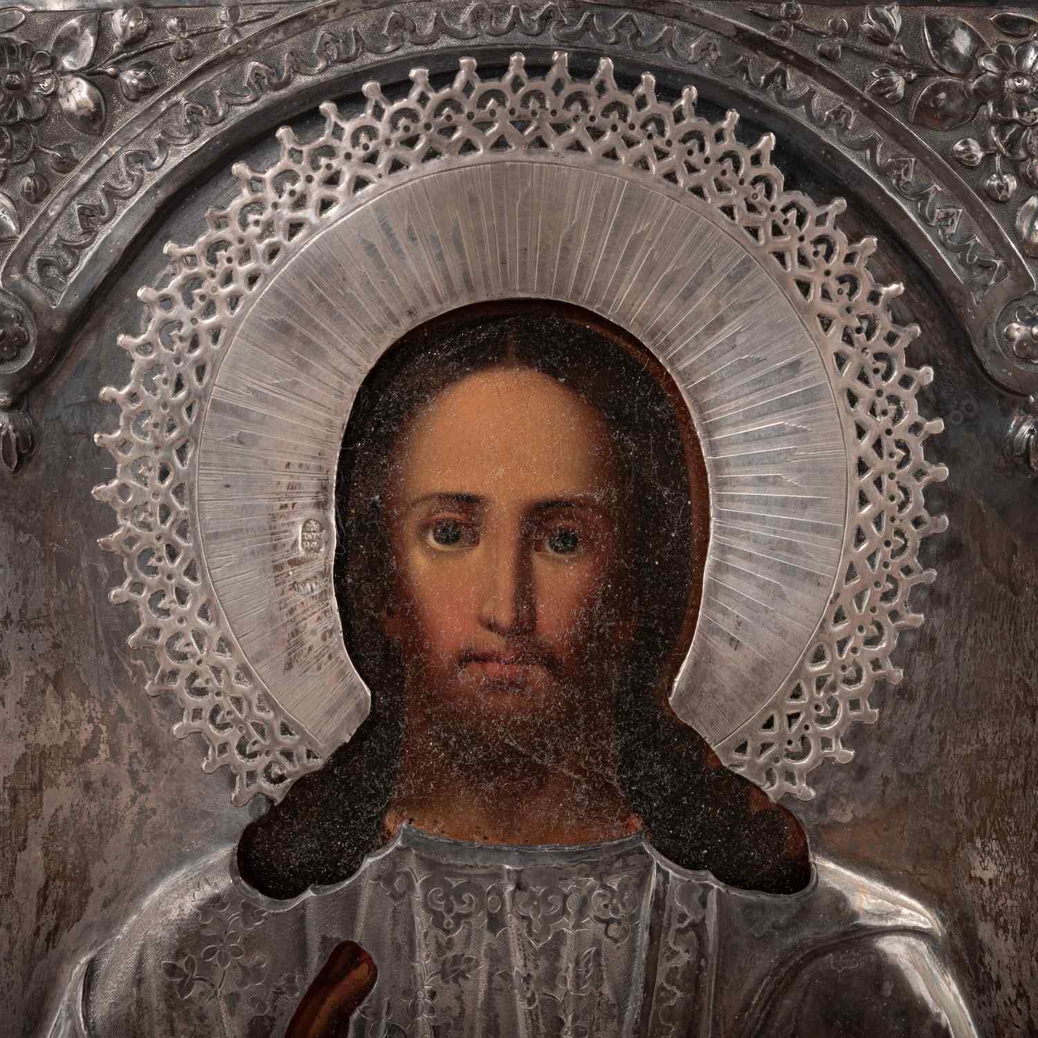 Икона «Господь Вседержитель» в серебряном окладе. 
Россия, Москва, мастер-монограммист «НС», 1879.