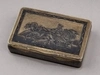 («Летит кибитка удалая;
Ямщик сидит на облучке»)
Табакерка черневая с изображением мчящейся  кибитки.
Россия, Москва, мастер – О. Баланов, 1830- год.