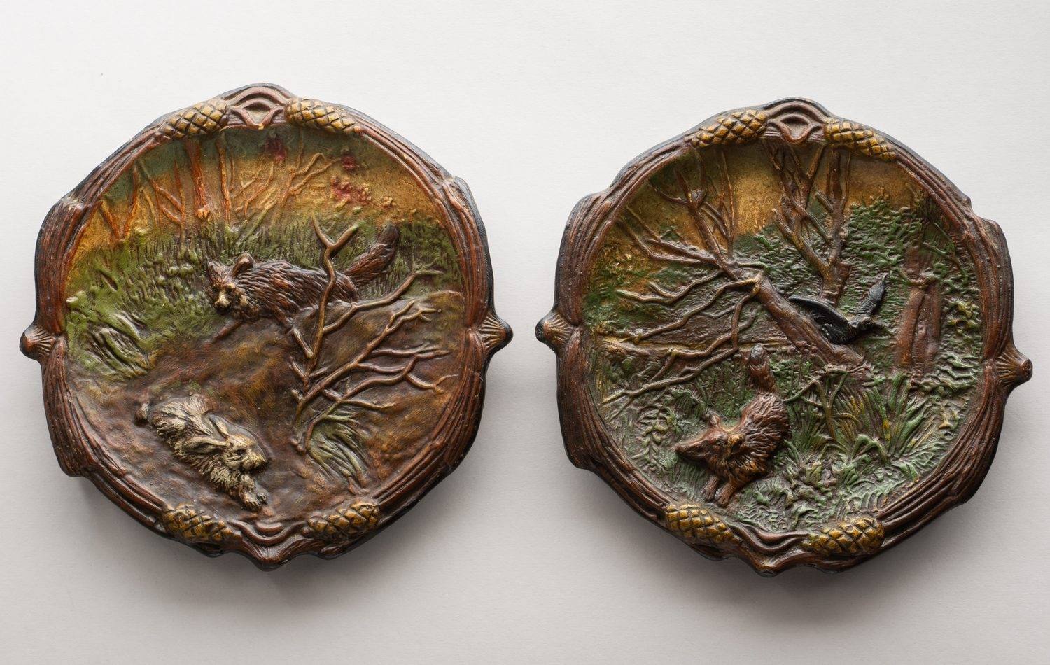 Парные панно с изображением охотящихся лис. СССР, артель Всекохудожник (?), середина  половина XX века.