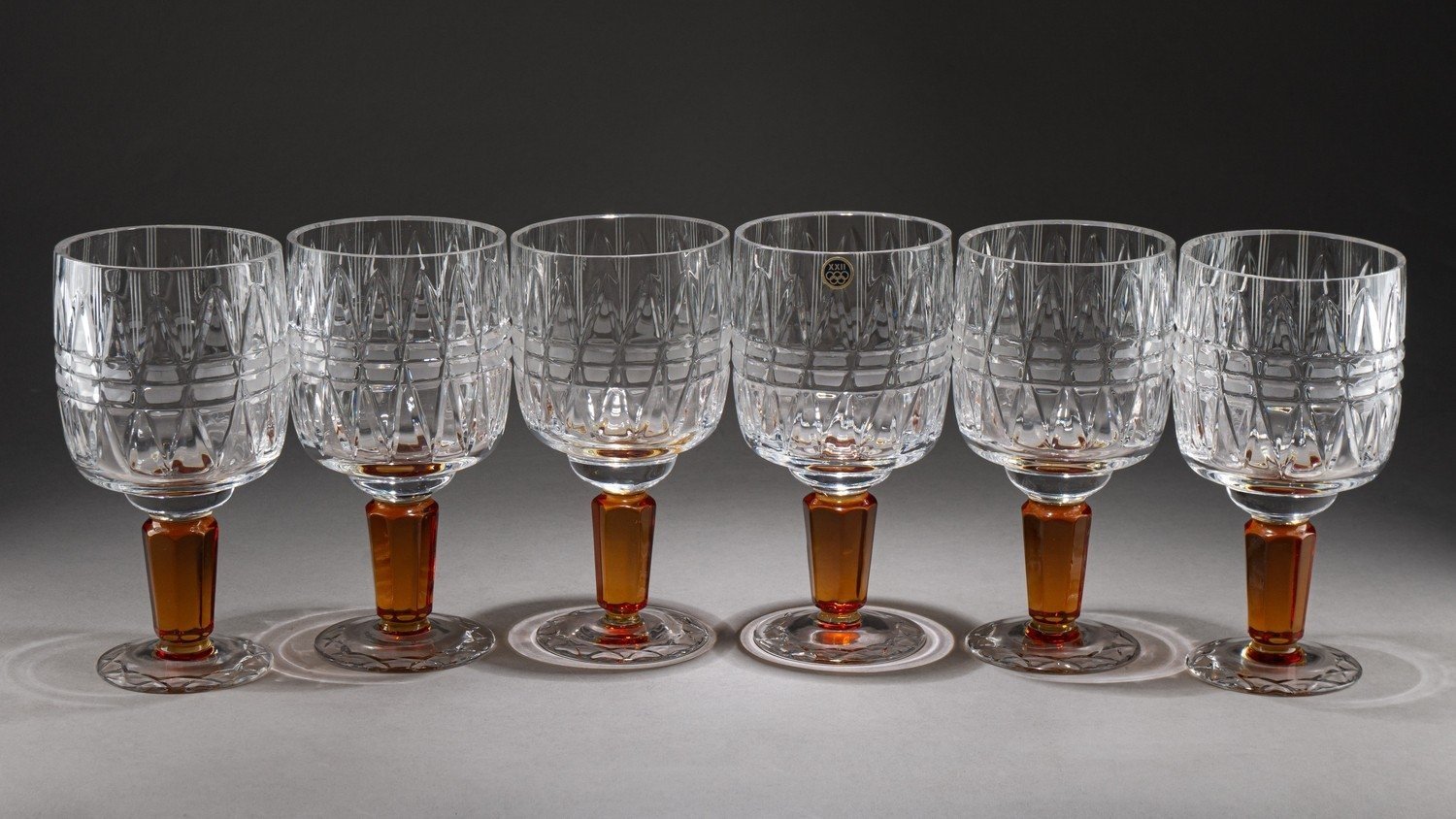 (С фирменной этикеткой) Шесть больших бокалов «Олимпиада 80». 
СССР, Гусь-Хрустальный, дизайнер - Станислав Верин, 1973-1980.