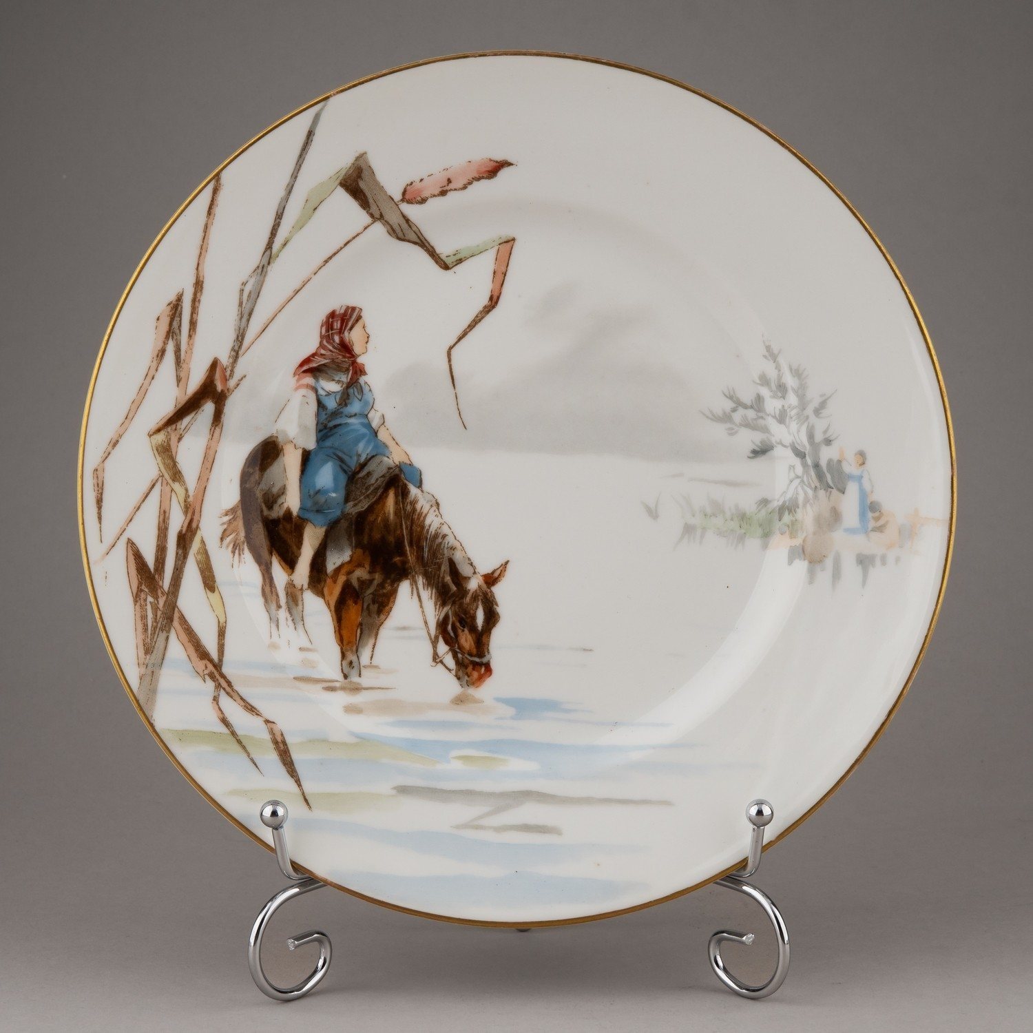 (Каразин) Тарелка «Крестьянка на лошади. На водопое» с росписью по рисунку Н. Каразина. 
Россия, Санкт-Петербург, завод братьев Корниловых, 1884-1917.