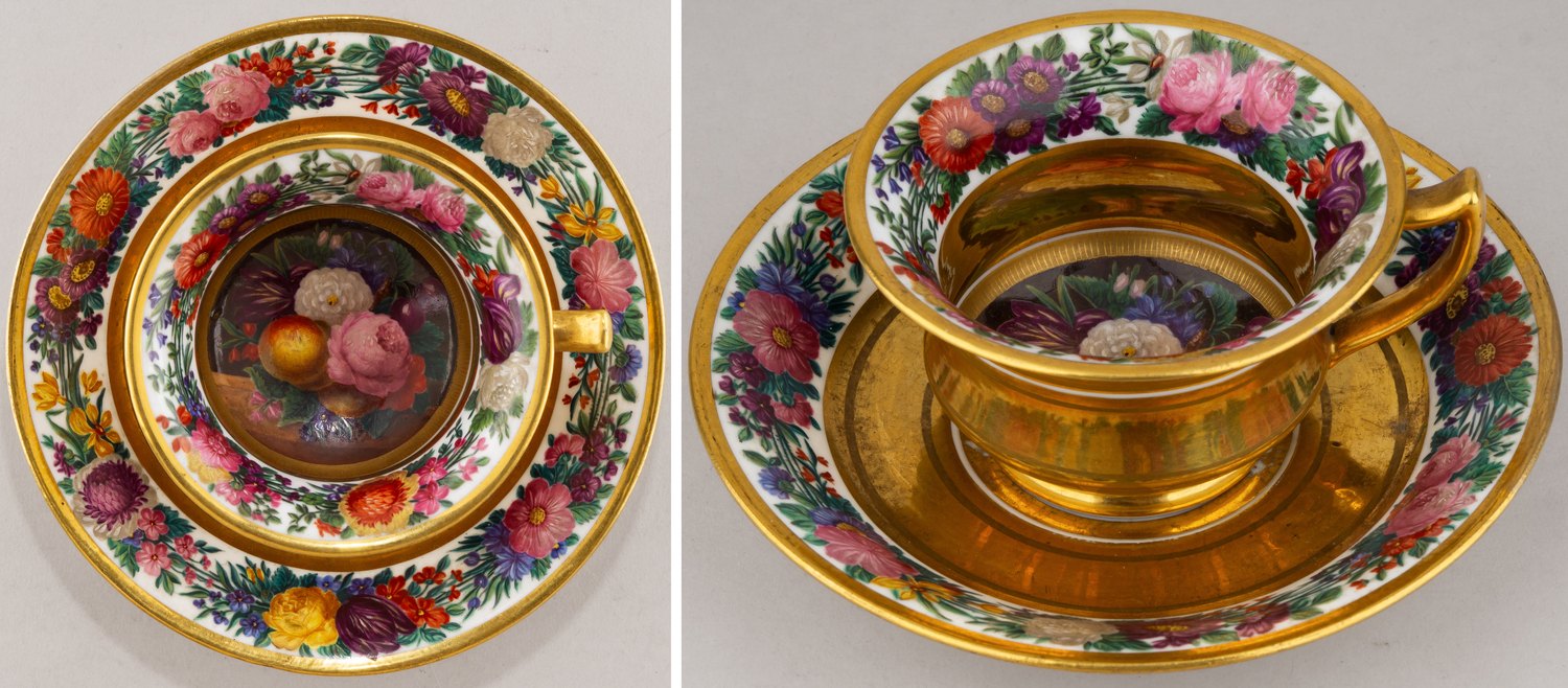 (Батенин) Чайная пара с роскошной цветочной  росписью «Флора». Россия, Завод Батенина, 1814-1832 годы.