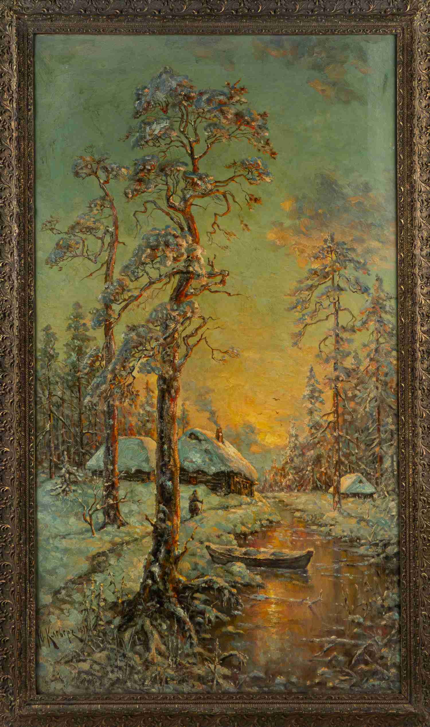 Юлий Юльевич Клевер (по подписи). Зимний пейзаж с избой и лодкой. 1898.