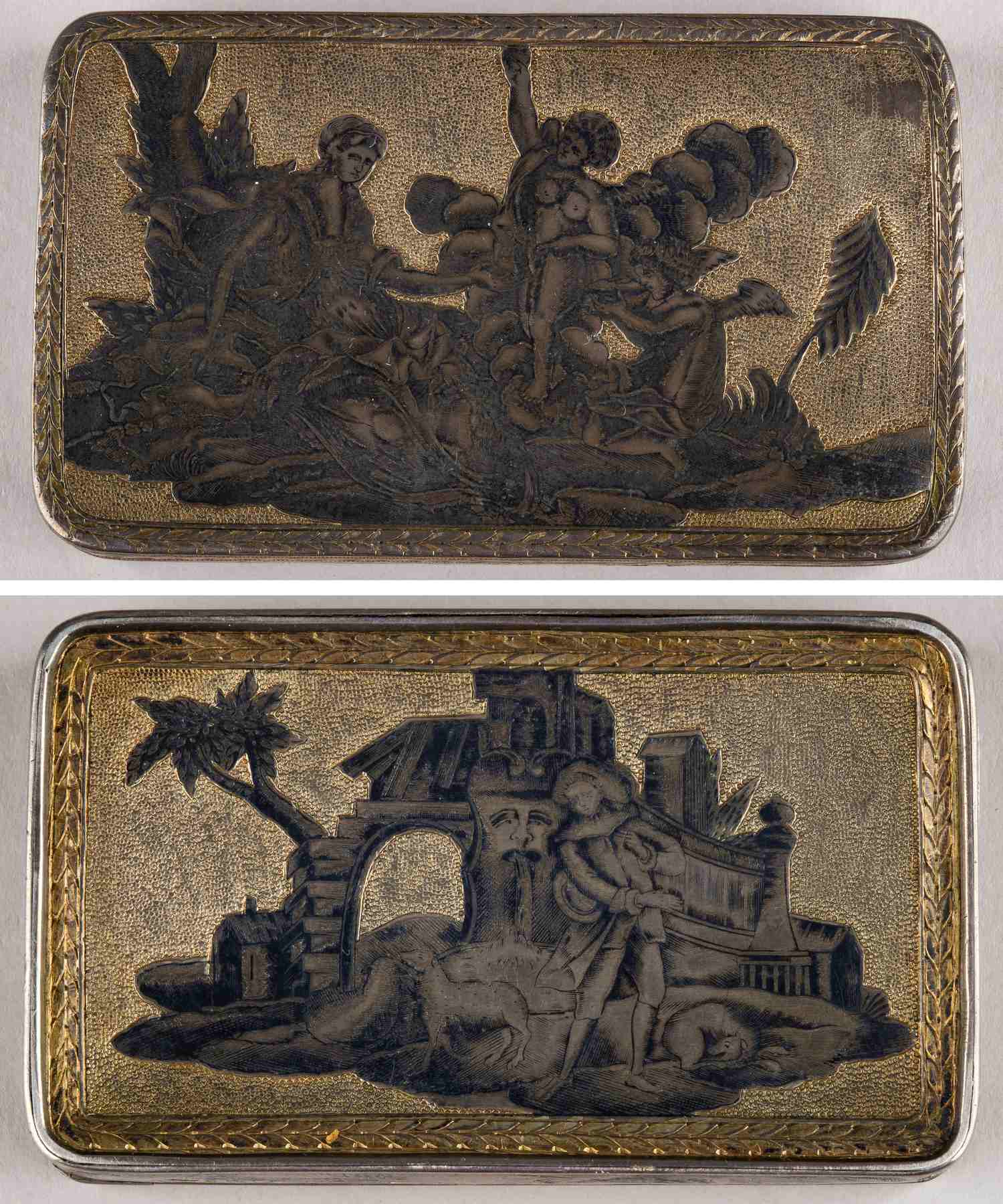 Табакерка с аллегорическим сюжетом и  изображением охотника с собаками. Россия, Москва, мастер-монограммист «И.О», 1802-1816 гг.