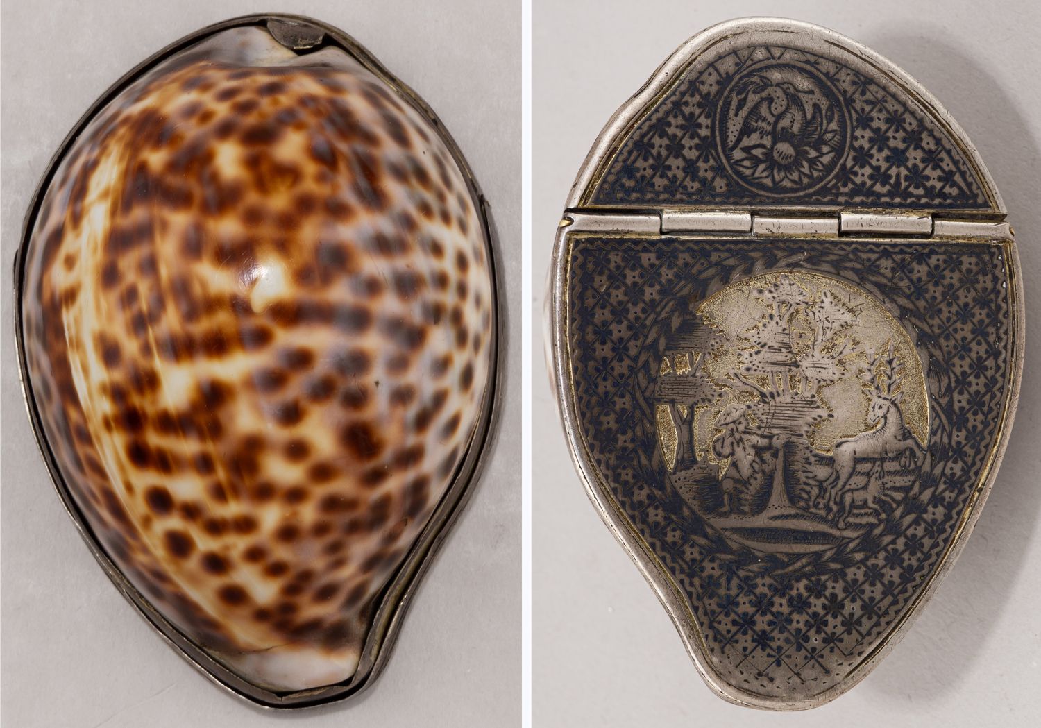 (1803 год. Великий Устюг) Табакерка черневая с изображением охоты на оленя с корпусом из  раковины каури.
Россия, Великий Устюг, мастер Торлов П.И., 1803.