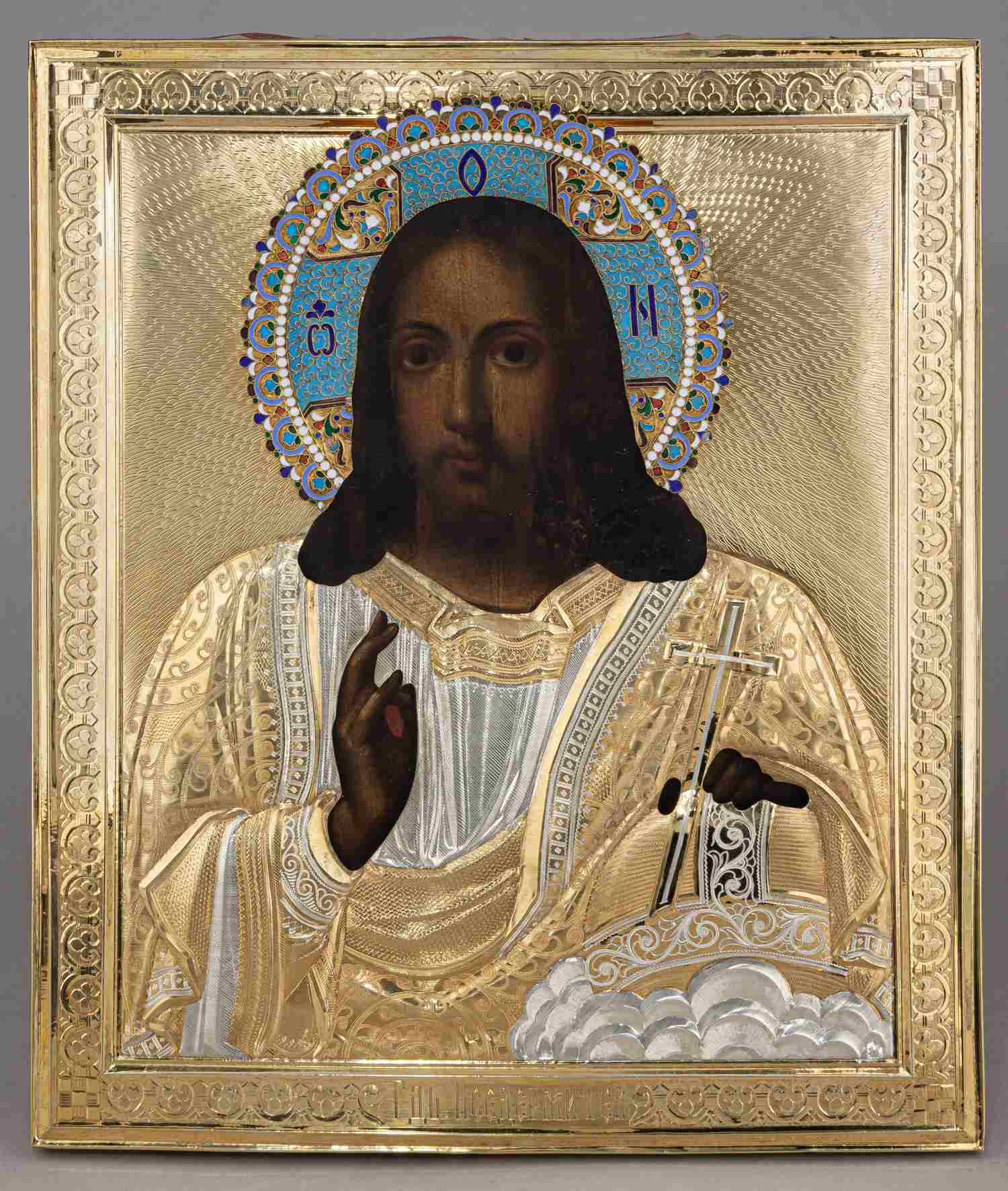 Икона «Господь Вседержитель со скипетром и державой» в серебряном окладе с эмалью.
Россия, Москва, мастер-монограммист «ДЧ», 1899–1908 годы.