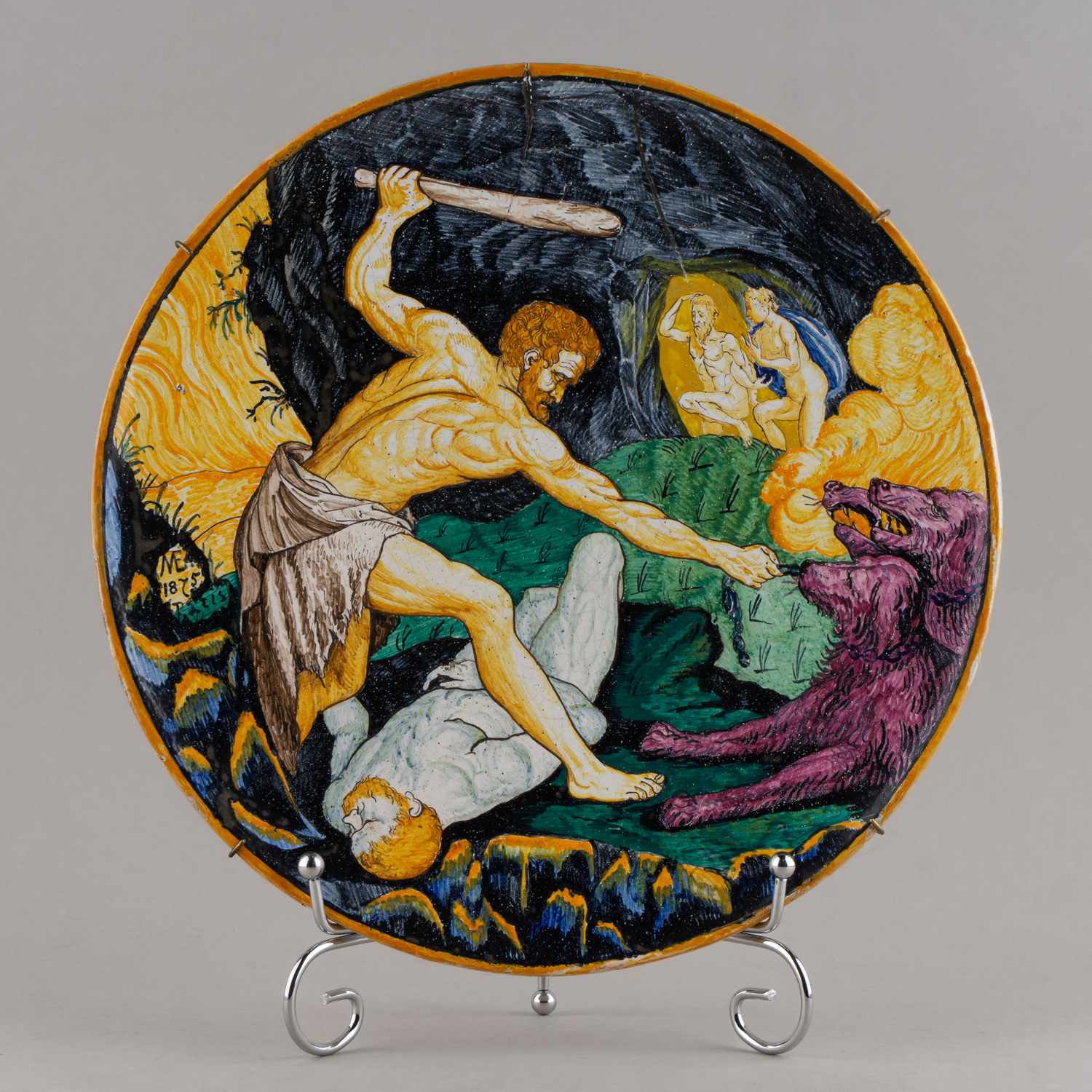 (Русская керамическая мастерская в Париже). Декоративная тарелка «Подвиги Геракла». 
Франция, Париж, Русская керамическая мастерская в Париже, роспись - Мария Кирилловна Егорова предположительно совместно с мужем Евдокимом Алексеевичем Егоровым,  1875.