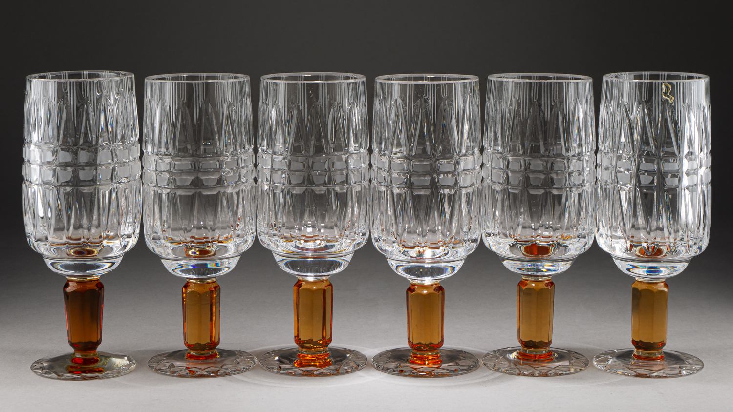 Шесть больших бокалов «Олимпиада 80». СССР, Гусь-Хрустальный, дизайнер - Станислав Верин, 1973-1980.