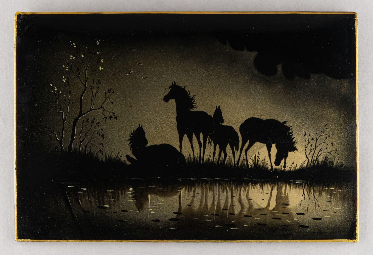 Панно декоративное «Лошади. Ночное». СССР, Федоскино, художник Козлова, 1969.