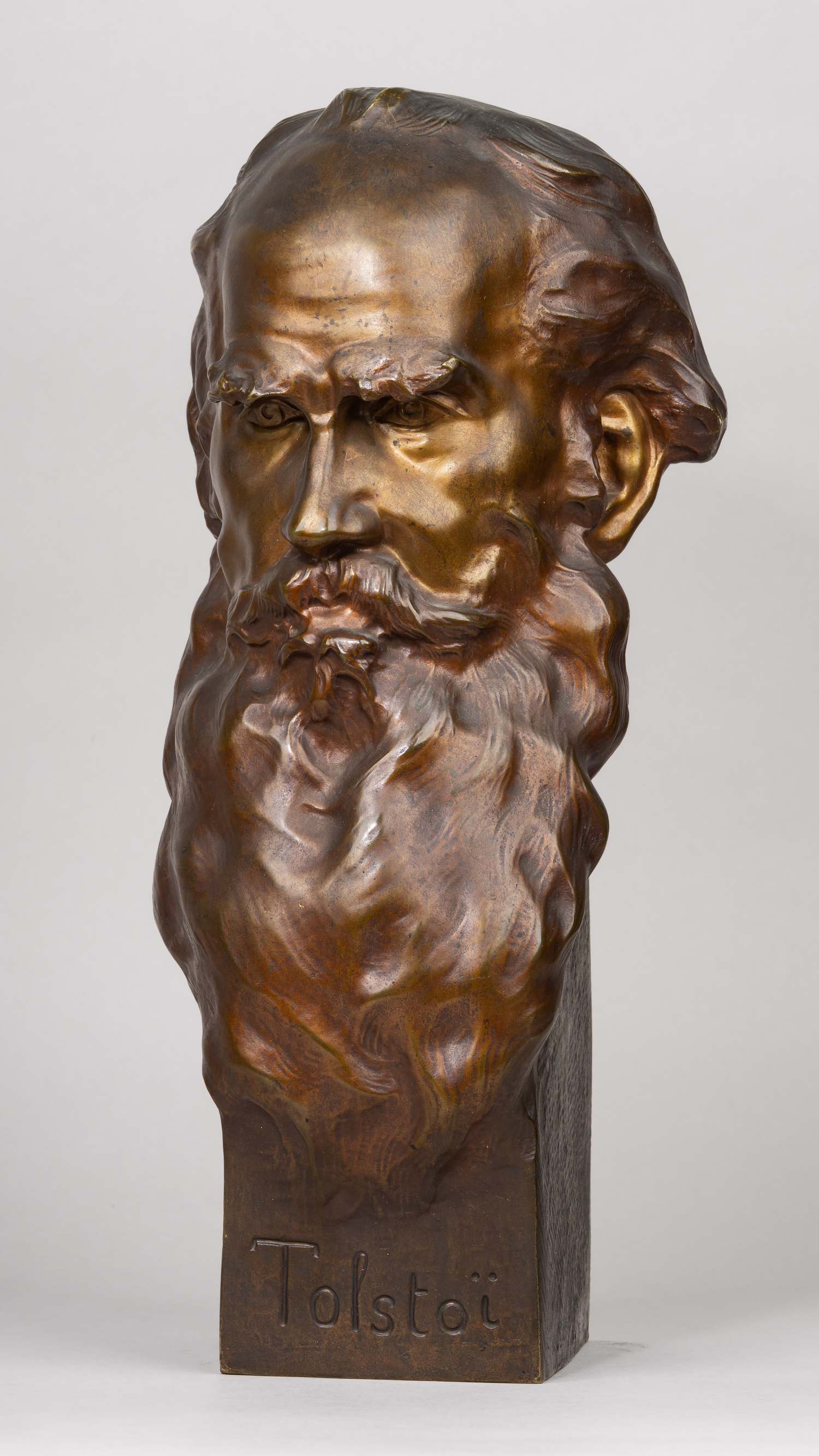 (С экспертизой) Бюст Льва Толстого. 
Россия / Франция, Париж; скульптор Л.Л.Толстой, 1910 - 1911 годы; отливка - Франция, Париж, мастерская художественной бронзы А.Грюэ (?), 1910-е годы.