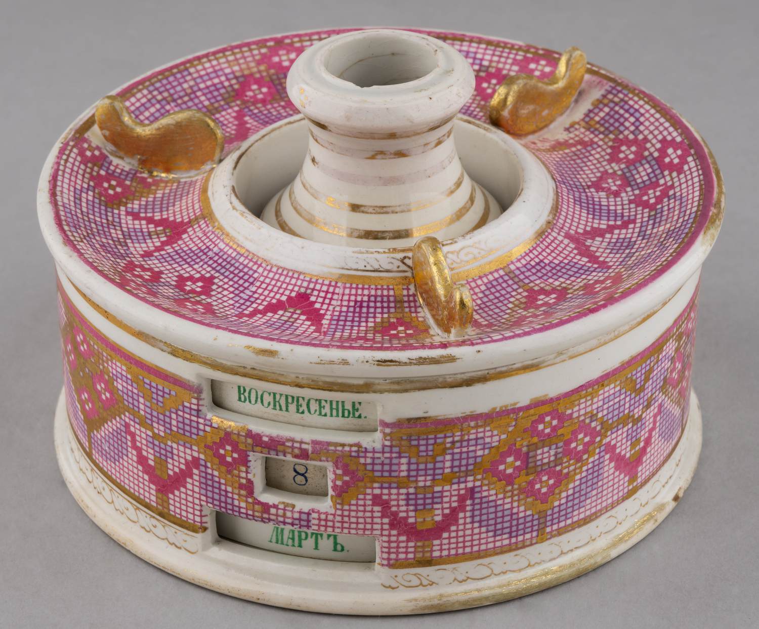 (Редкость. Кузнецов) Вечный календарь настольный с росписью  «русский народный орнамент». 
Россия, Тверская губерния, Фабрика М.С. Кузнецова, 1872–1889 годы.