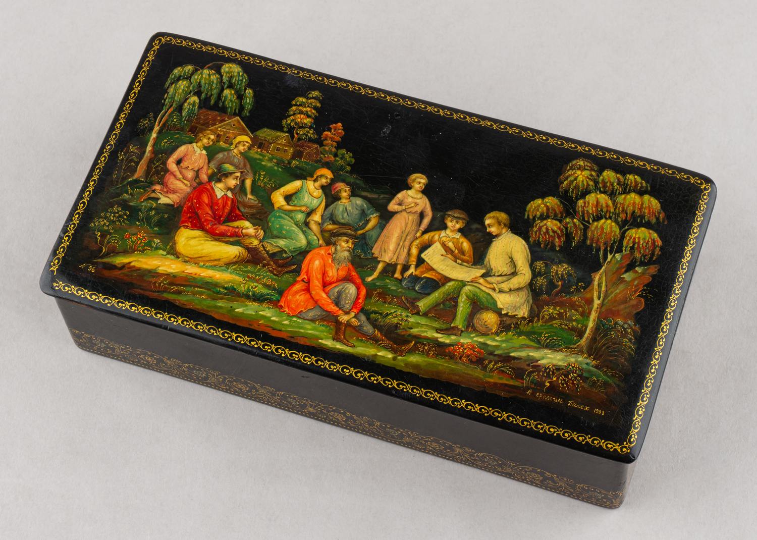 (Палех) Шкатулка «Обсуждение Сталинской конституции». СССР, Палех, художник Александр Николаевич Еремин, 1938.