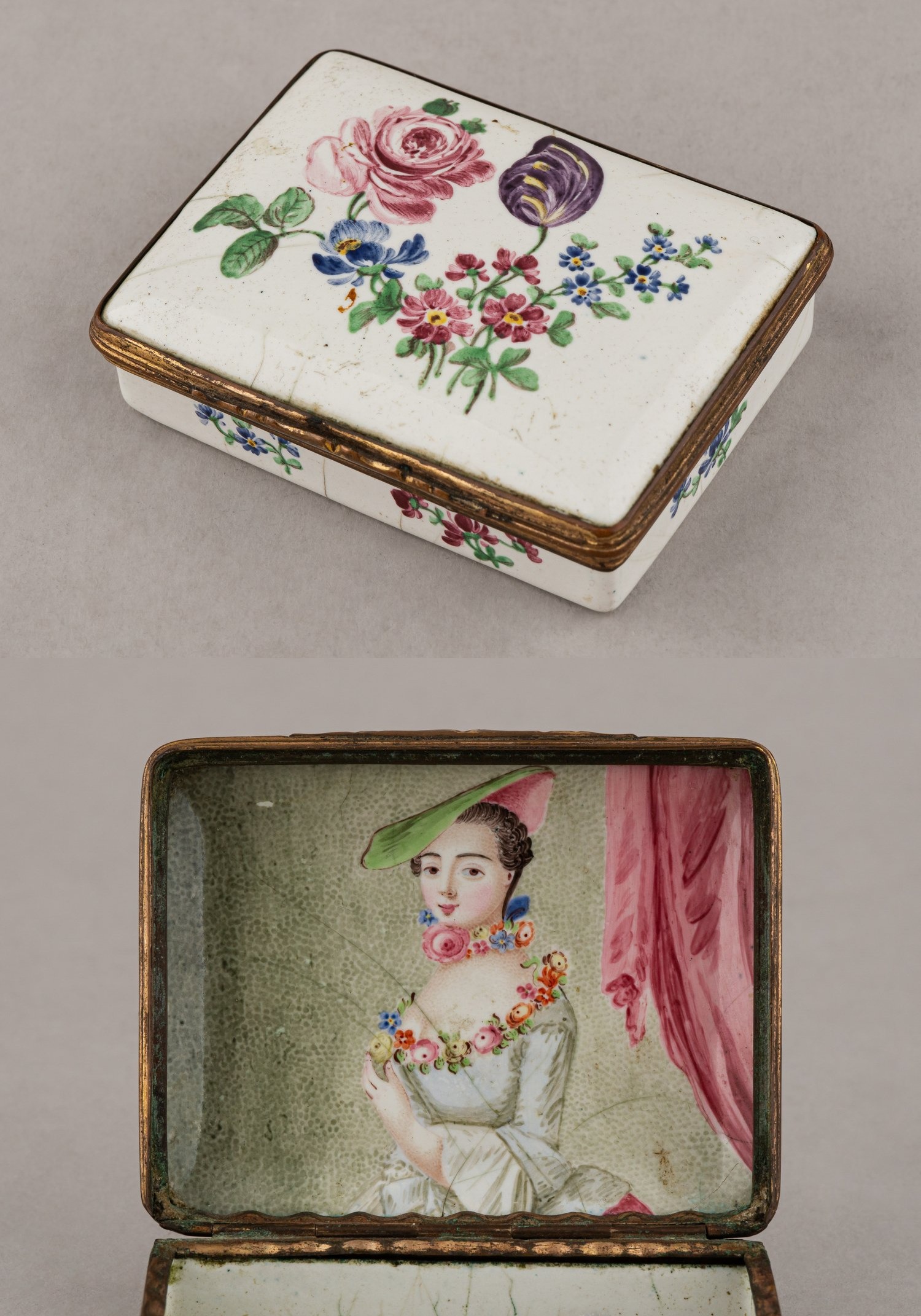 Табакерка с изображением цветов и портретом красавицы в цветочном убранстве. 
Западная Европа, середина XVIII века.