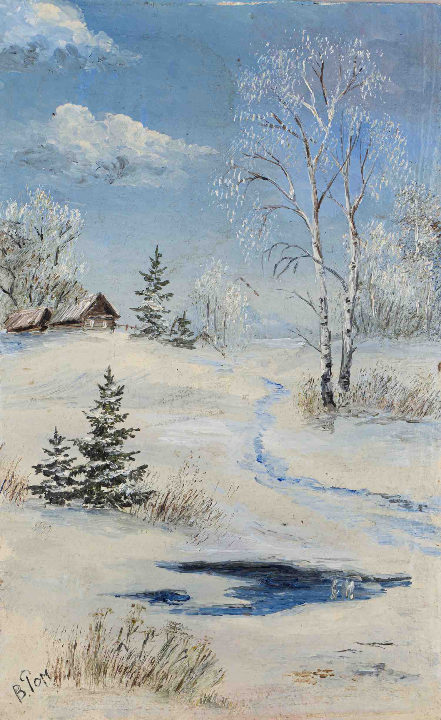 Неизвестный художник. (В. Ромашина по подписи) Зимний пейзаж, 1997 год.